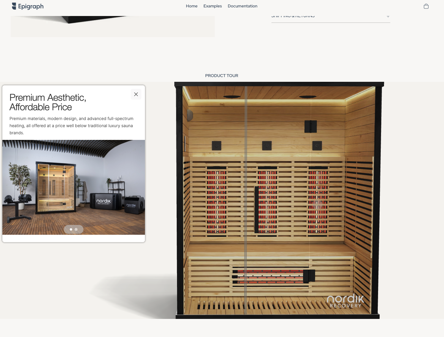 Nordik sauna 3D tour with interactive hotspots and feature callouts